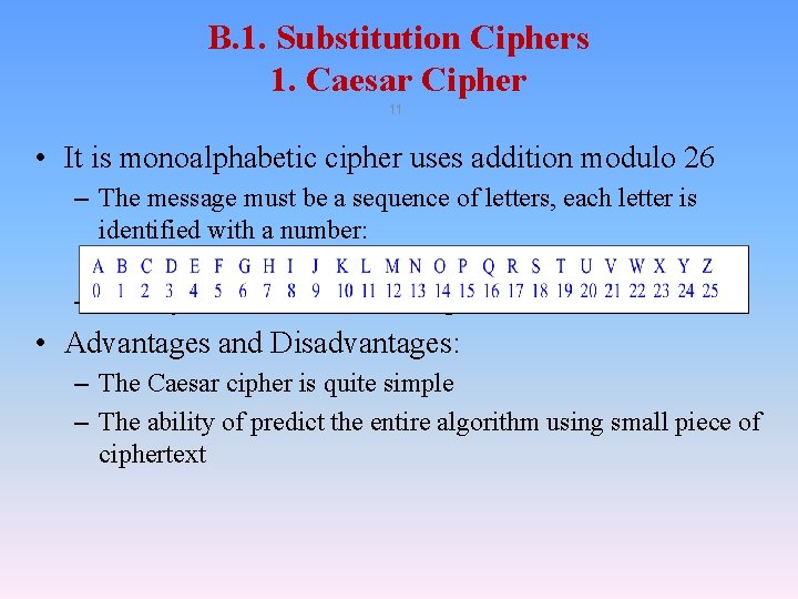 B. 1. Substitution Ciphers 1. Caesar Cipher 11 • It is monoalphabetic cipher uses B. 1. Substitution Ciphers 1. Caesar Cipher 11 • It is monoalphabetic cipher uses