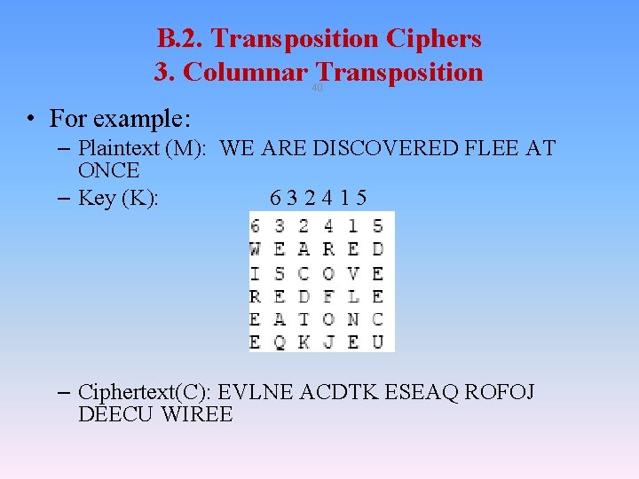 B. 2. Transposition Ciphers 3. Columnar Transposition 40 • For example: – Plaintext (M): B. 2. Transposition Ciphers 3. Columnar Transposition 40 • For example: – Plaintext (M):
