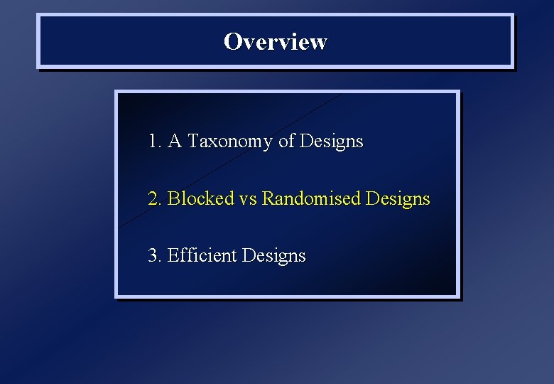 Overview 1. A Taxonomy of Designs 2. Blocked vs Randomised Designs 3. Efficient Designs