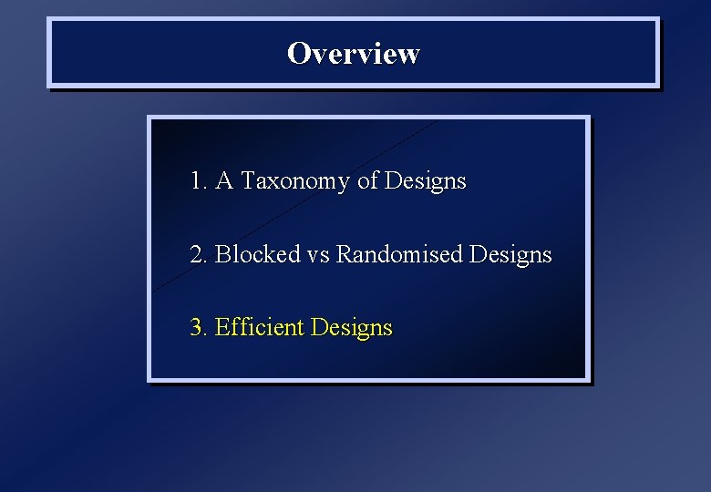 Overview 1. A Taxonomy of Designs 2. Blocked vs Randomised Designs 3. Efficient Designs Overview 1. A Taxonomy of Designs 2. Blocked vs Randomised Designs 3. Efficient Designs
