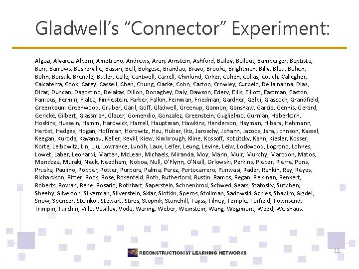 Gladwell’s “Connector” Experiment: Algazi, Alvarez, Alpern, Ametrano, Andrews, Aran, Arnstein, Ashford, Bailey, Ballout, Bamberger,