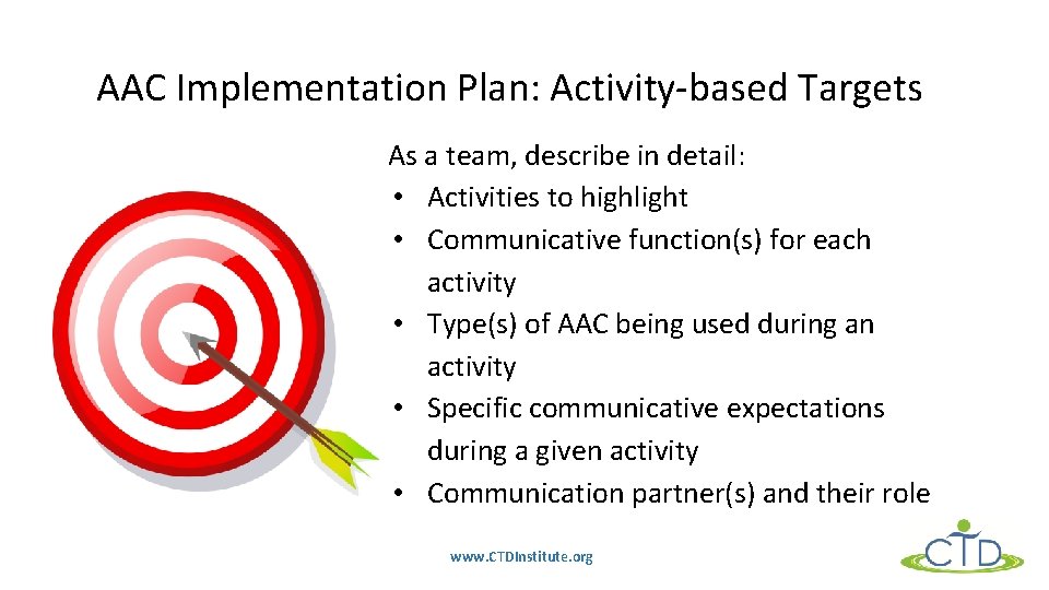 AAC Implementation Plan: Activity-based Targets As a team, describe in detail: • Activities to