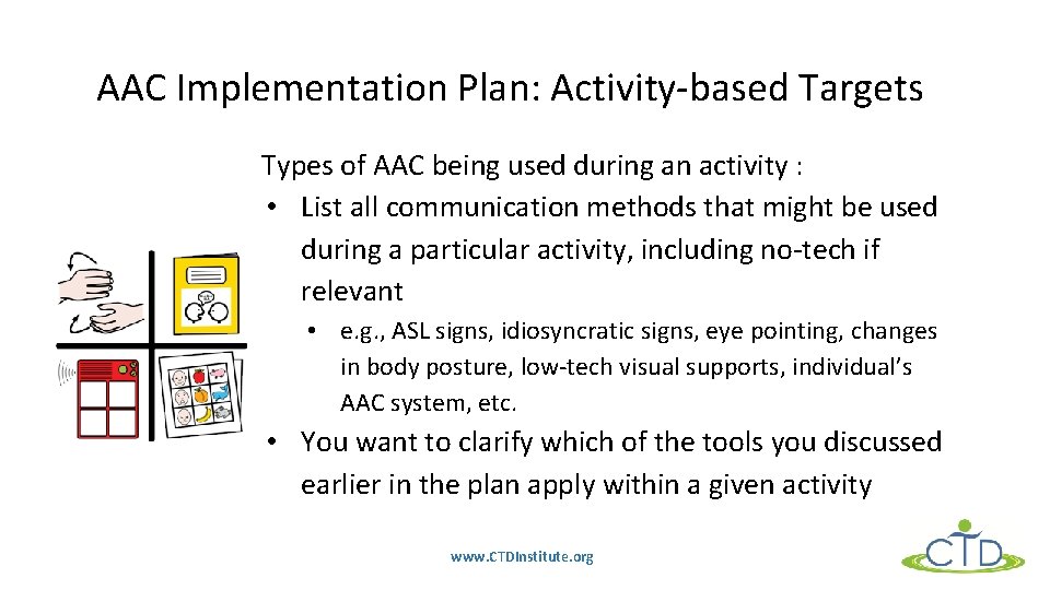 AAC Implementation Plan: Activity-based Targets Types of AAC being used during an activity :