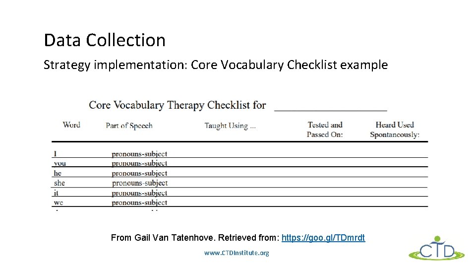 Data Collection Strategy implementation: Core Vocabulary Checklist example From Gail Van Tatenhove. Retrieved from: