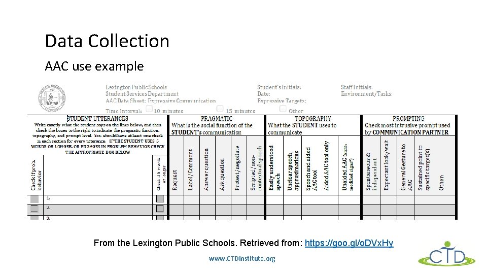 Data Collection AAC use example From the Lexington Public Schools. Retrieved from: https: //goo.