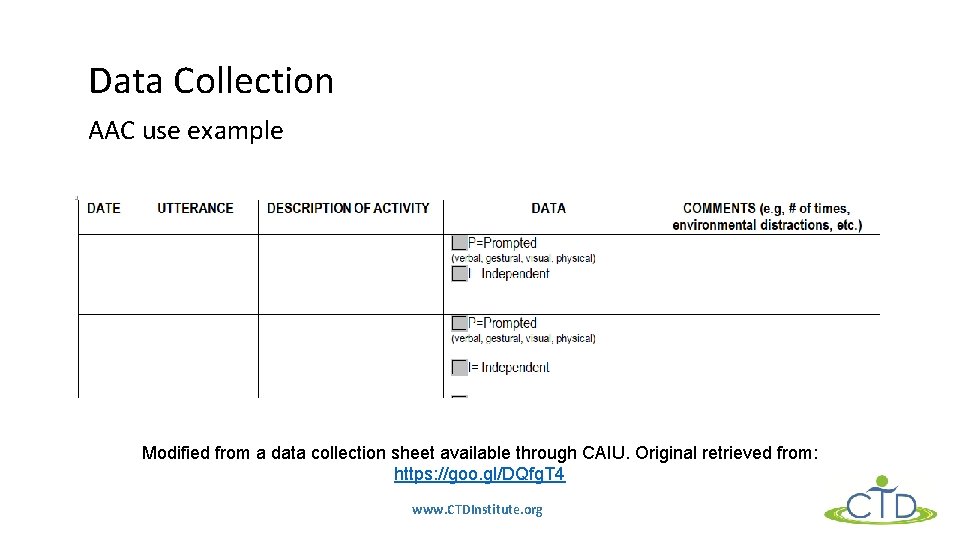 Data Collection AAC use example Modified from a data collection sheet available through CAIU.