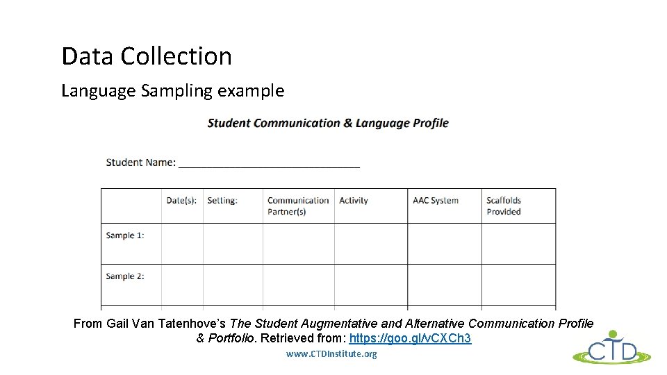 Data Collection Language Sampling example From Gail Van Tatenhove’s The Student Augmentative and Alternative