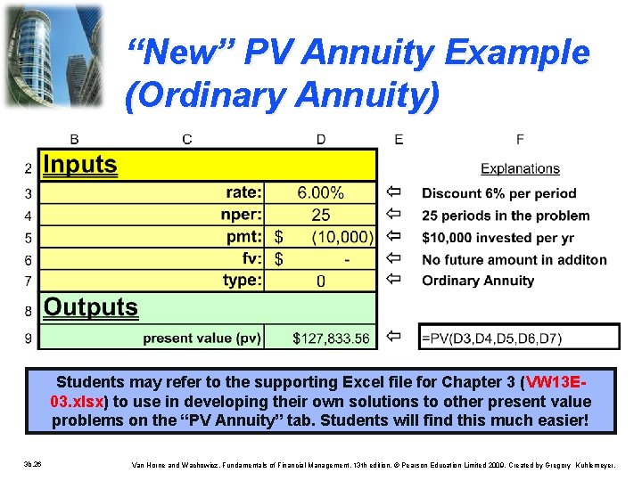 “New” PV Annuity Example (Ordinary Annuity) Students may refer to the supporting Excel file