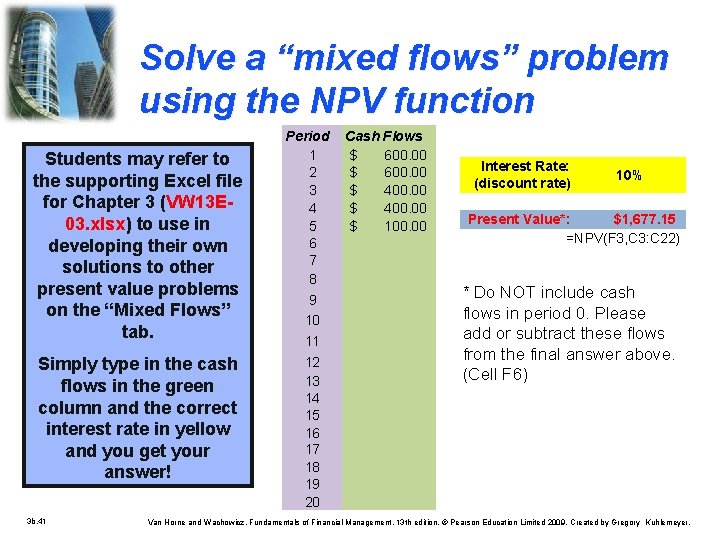 Solve a “mixed flows” problem using the NPV function Students may refer to the