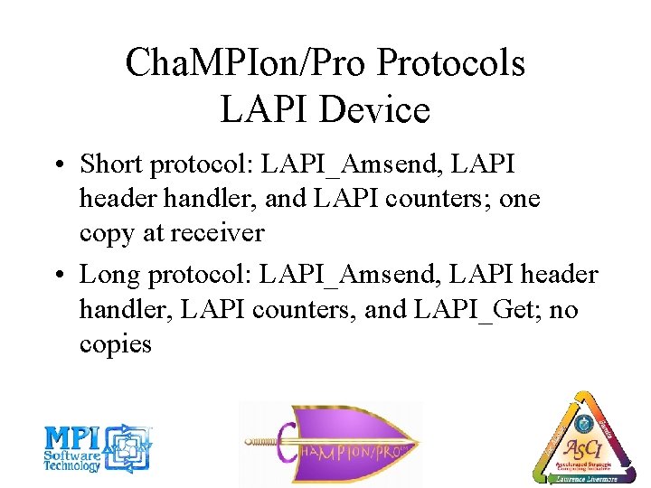 Cha. MPIon/Pro Protocols LAPI Device • Short protocol: LAPI_Amsend, LAPI header handler, and LAPI