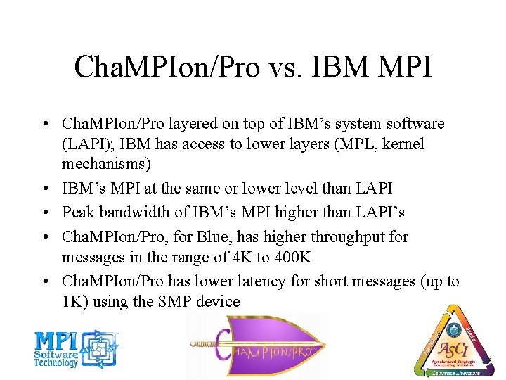 Cha. MPIon/Pro vs. IBM MPI • Cha. MPIon/Pro layered on top of IBM’s system