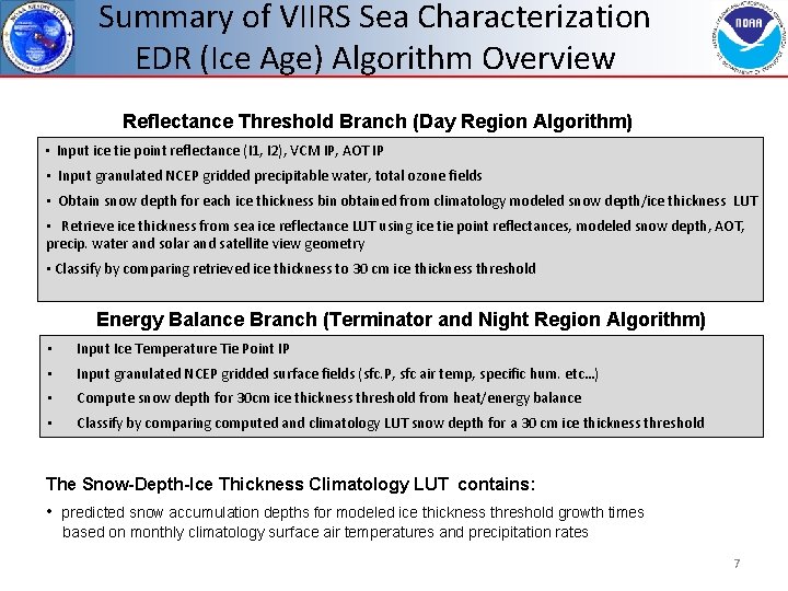 Summary of VIIRS Sea Characterization EDR (Ice Age) Algorithm Overview Reflectance Threshold Branch (Day