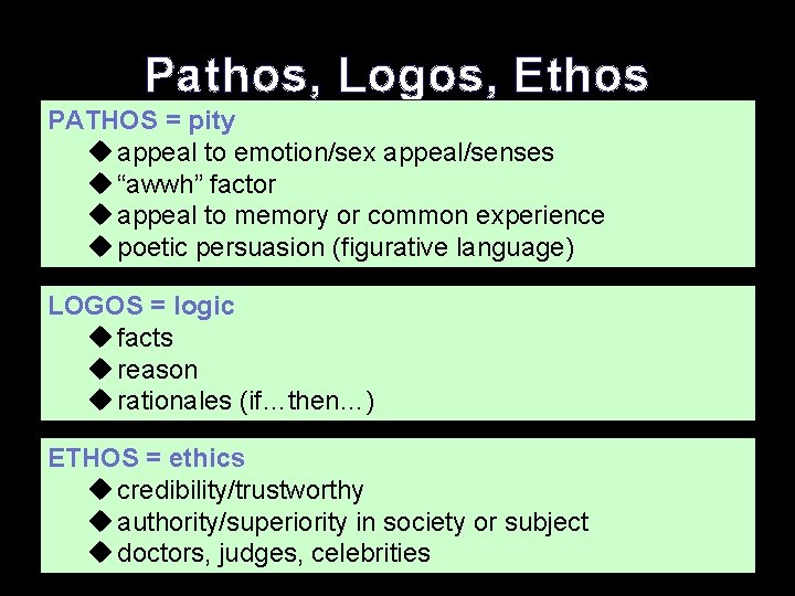 Pathos, Logos, Ethos PATHOS = pity u appeal to emotion/sex appeal/senses u “awwh” factor