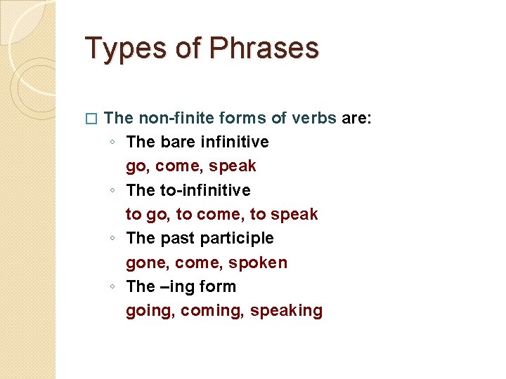 Types of Phrases � The non-finite forms of verbs are: ◦ The bare infinitive