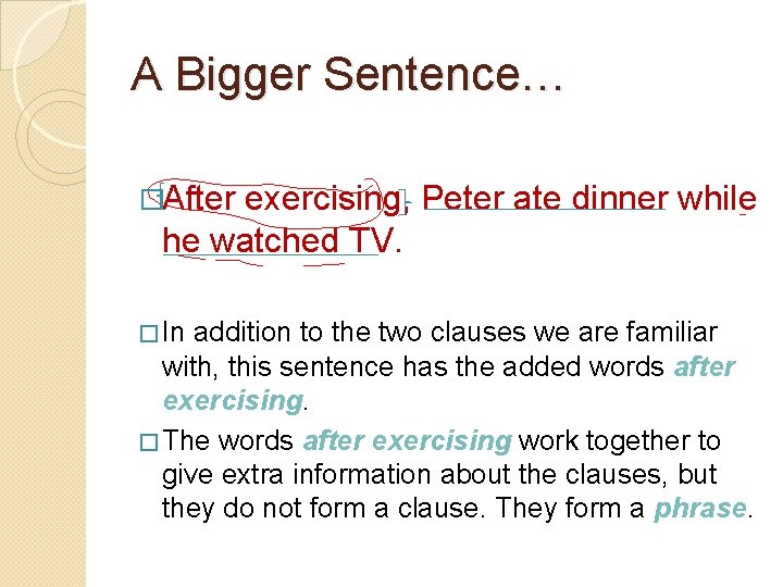 A Bigger Sentence… �After exercising, Peter ate dinner while he watched TV. � In
