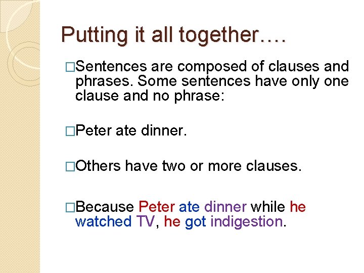 Putting it all together…. �Sentences are composed of clauses and phrases. Some sentences have