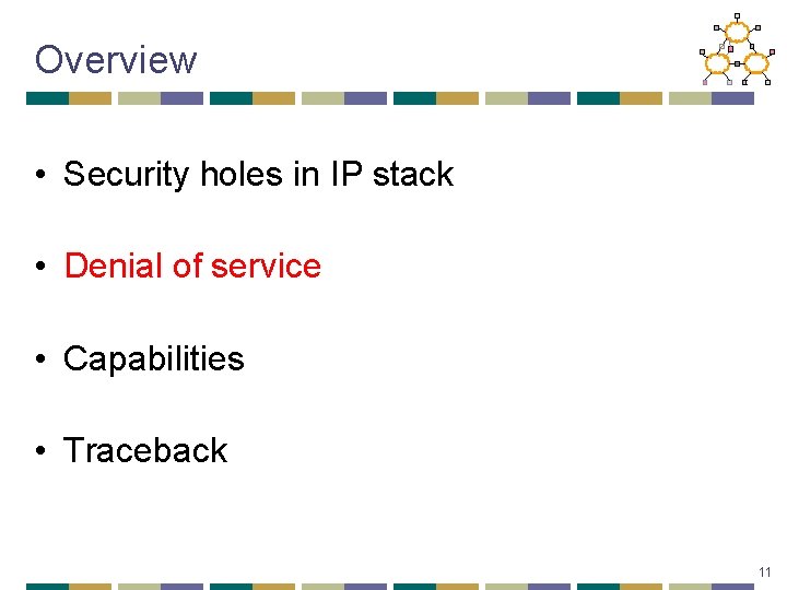 Overview • Security holes in IP stack • Denial of service • Capabilities •