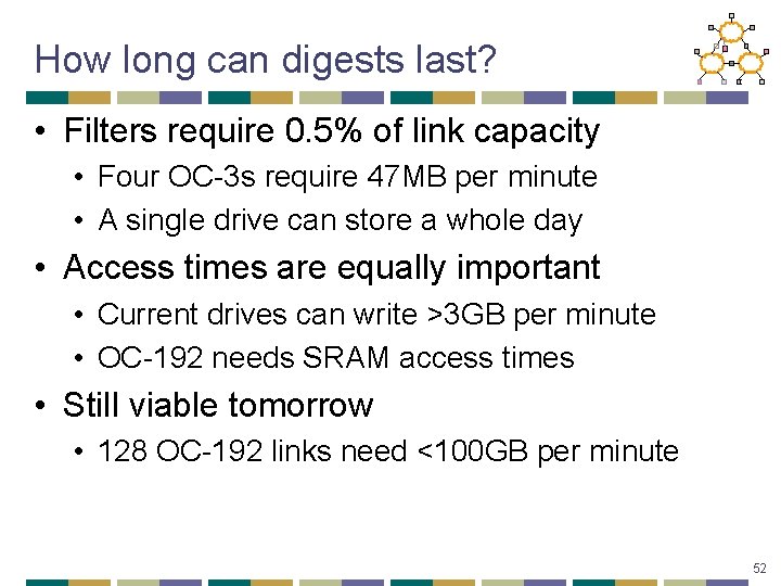 How long can digests last? • Filters require 0. 5% of link capacity •