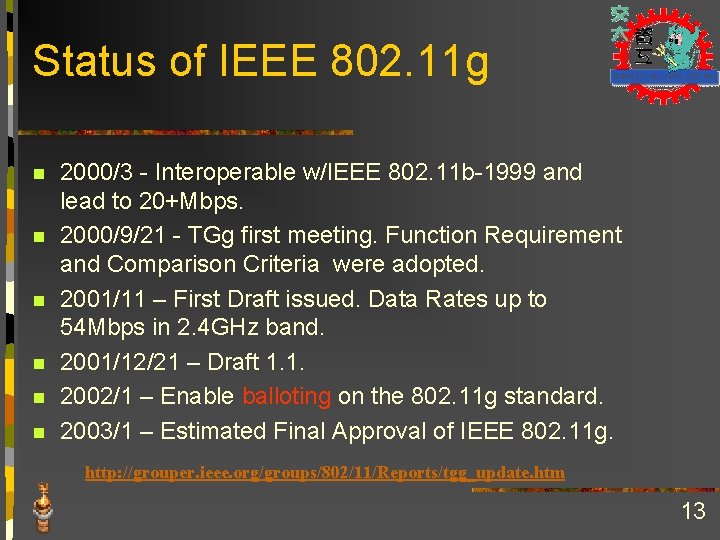 Status of IEEE 802. 11 g n n n 2000/3 - Interoperable w/IEEE 802.