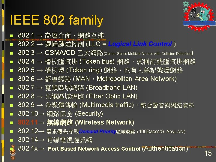 IEEE 802 family n n n n 802. 1 → 高層介面、網路互連 802. 2 →