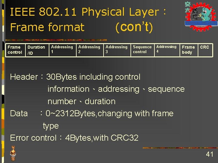 IEEE 802. 11 Physical Layer： Frame format (con’t) Frame control Duration /ID Addressing 1