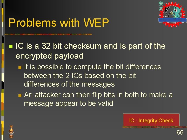 Problems with WEP n IC is a 32 bit checksum and is part of