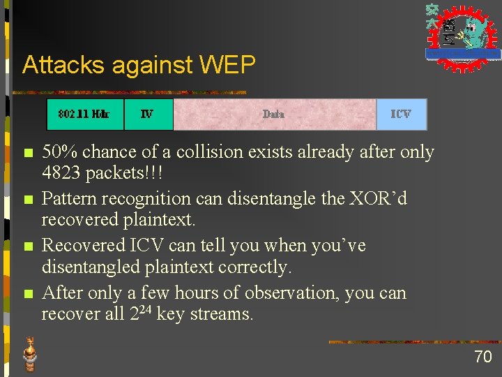 Attacks against WEP n n 50% chance of a collision exists already after only