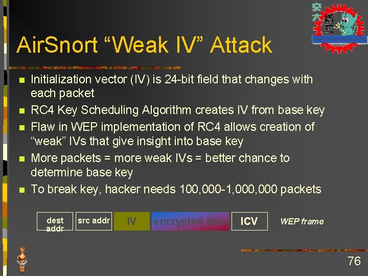 Air. Snort “Weak IV” Attack n n n Initialization vector (IV) is 24 -bit