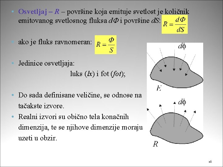  • Osvetljaj – R – površine koja emituje svetlost je količnik emitovanog svetlosnog