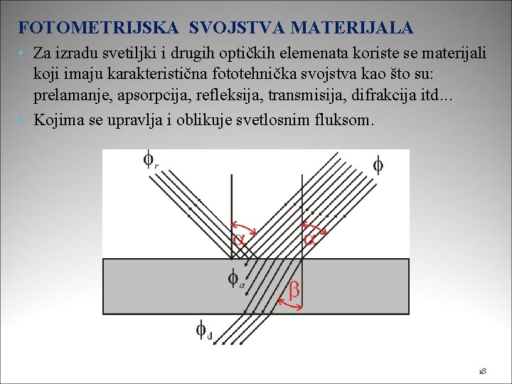 FOTOMETRIJSKA SVOJSTVA MATERIJALA • Za izradu svetiljki i drugih optičkih elemenata koriste se materijali