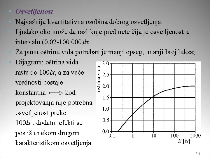  • Osvetljenost • Najvažnija kvantitativna osobina dobrog osvetljenja. • Ljudsko oko može da