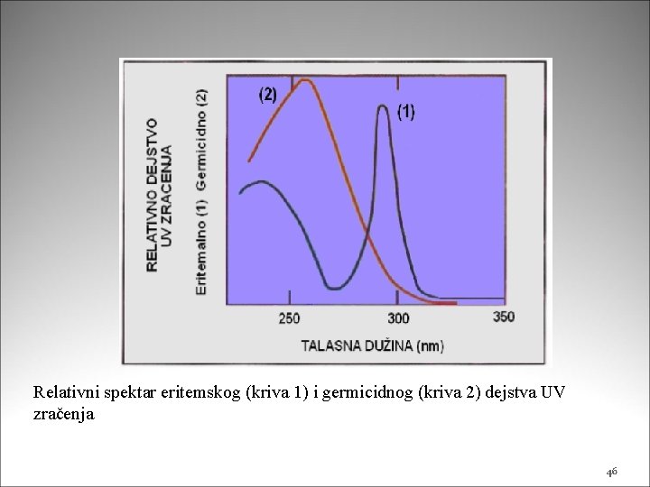 Relativni spektar eritemskog (kriva 1) i germicidnog (kriva 2) dejstva UV zračenja 46 