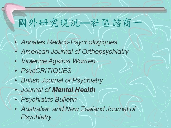 國外研究現況—社區諮商一 • • Annales Medico-Psychologiques American Journal of Orthopsychiatry Violence Against Women Psyc. CRITIQUES