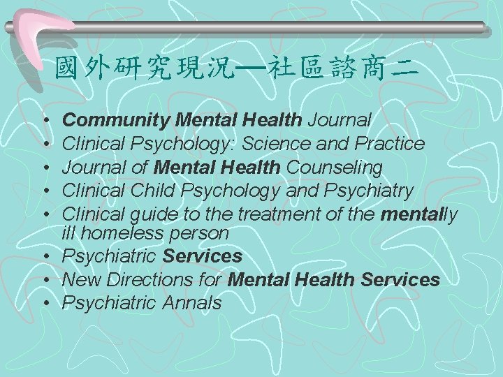 國外研究現況—社區諮商二 • • • Community Mental Health Journal Clinical Psychology: Science and Practice Journal