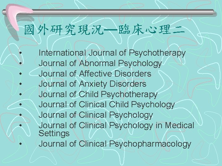 國外研究現況—臨床心理二 • • • International Journal of Psychotherapy Journal of Abnormal Psychology Journal of