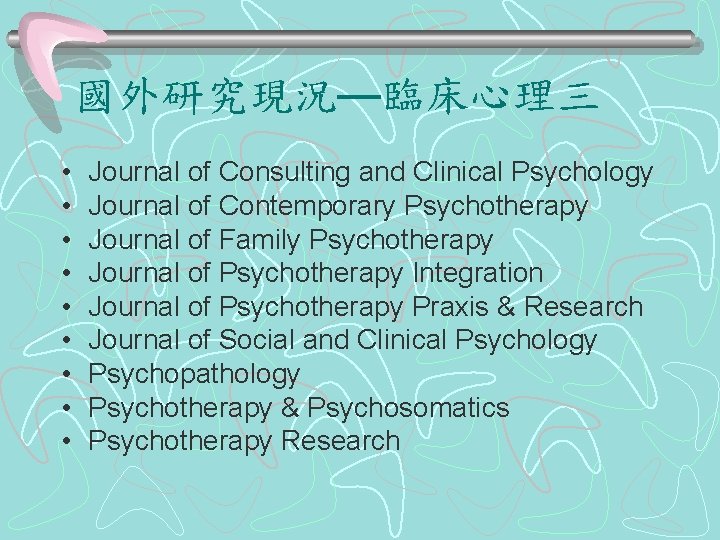 國外研究現況—臨床心理三 • • • Journal of Consulting and Clinical Psychology Journal of Contemporary Psychotherapy