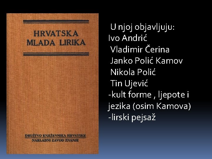  U njoj objavljuju: Ivo Andrić Vladimir Čerina Janko Polić Kamov Nikola Polić Tin