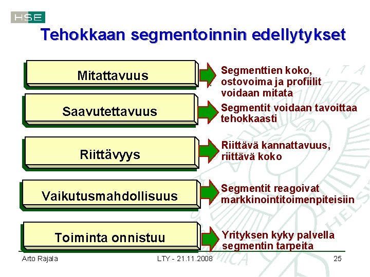 Tehokkaan segmentoinnin edellytykset Mitattavuus Saavutettavuus Riittävä kannattavuus, riittävä koko Riittävyys Vaikutusmahdollisuus Toiminta onnistuu Arto