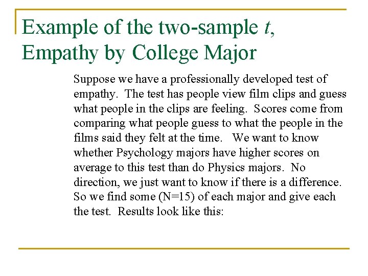 Example of the two-sample t, Empathy by College Major Suppose we have a professionally