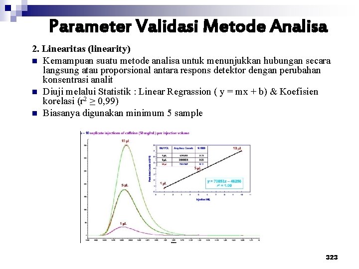 Parameter Validasi Metode Analisa 2. Linearitas (linearity) n Kemampuan suatu metode analisa untuk menunjukkan