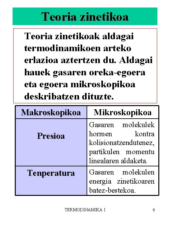 Teoria zinetikoak aldagai termodinamikoen arteko erlazioa aztertzen du. Aldagai hauek gasaren oreka-egoera eta egoera