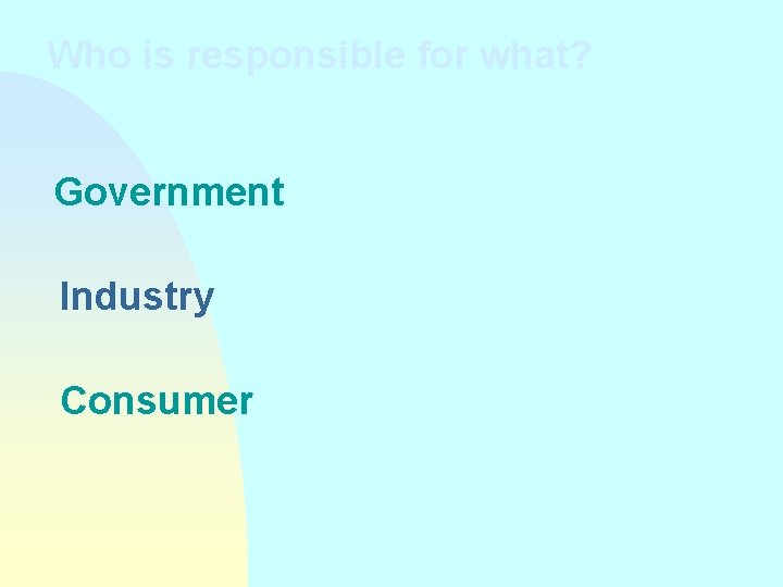 Who is responsible for what? Government Industry Consumer 