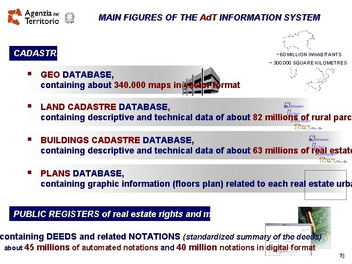 MAIN FIGURES OF THE Ad. T INFORMATION SYSTEM CADASTRE ~ 60 MILLION INHABITANTS ~