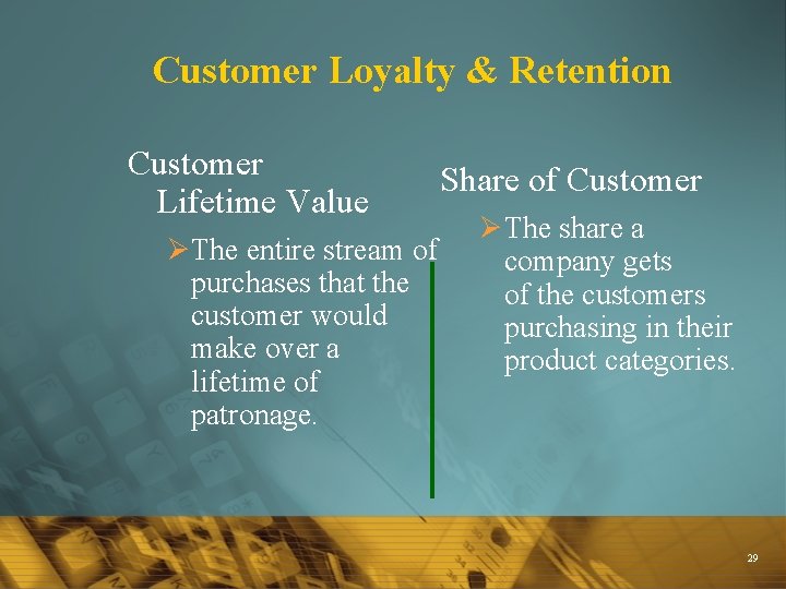 Customer Loyalty & Retention Customer Lifetime Value Ø The entire stream of purchases that