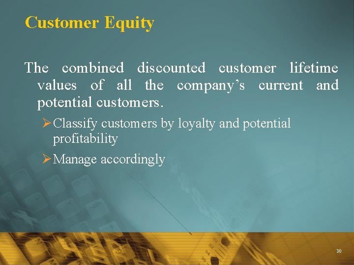 Customer Equity The combined discounted customer lifetime values of all the company’s current and