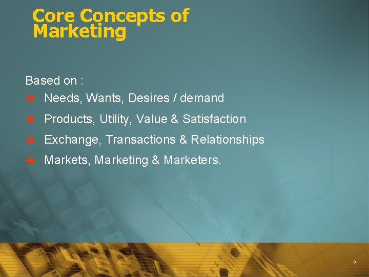 Core Concepts of Marketing Based on : è Needs, Wants, Desires / demand è