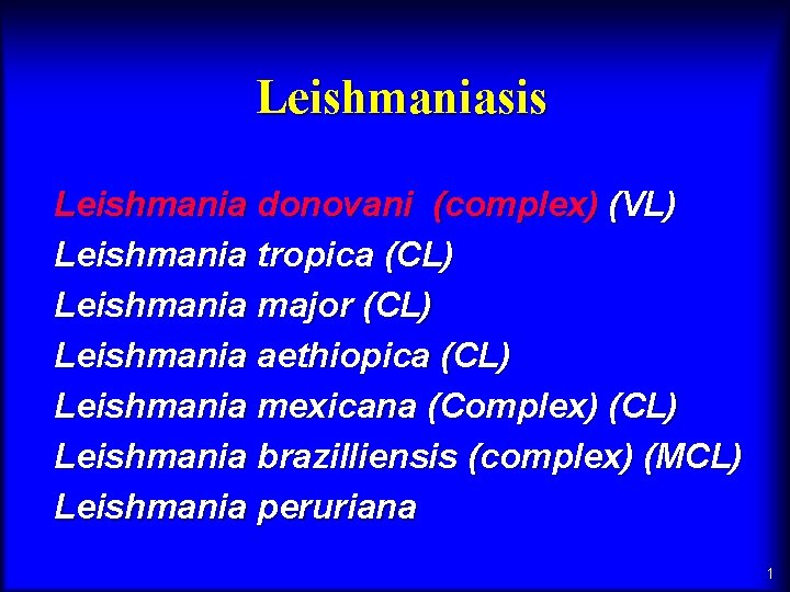 Leishmaniasis Leishmania donovani (complex) (VL) Leishmania tropica (CL) Leishmania major (CL) Leishmania aethiopica (CL)