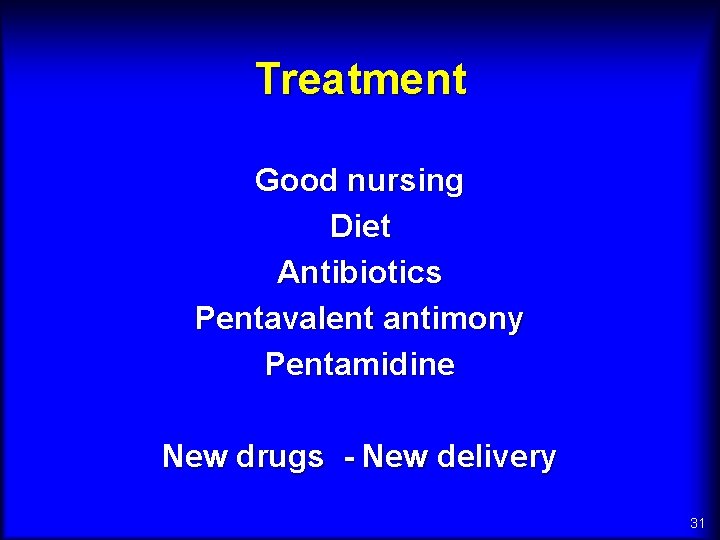 Treatment Good nursing Diet Antibiotics Pentavalent antimony Pentamidine New drugs - New delivery 31