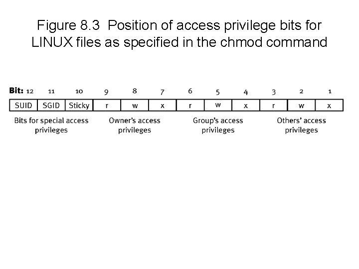 Figure 8. 3 Position of access privilege bits for LINUX files as specified in