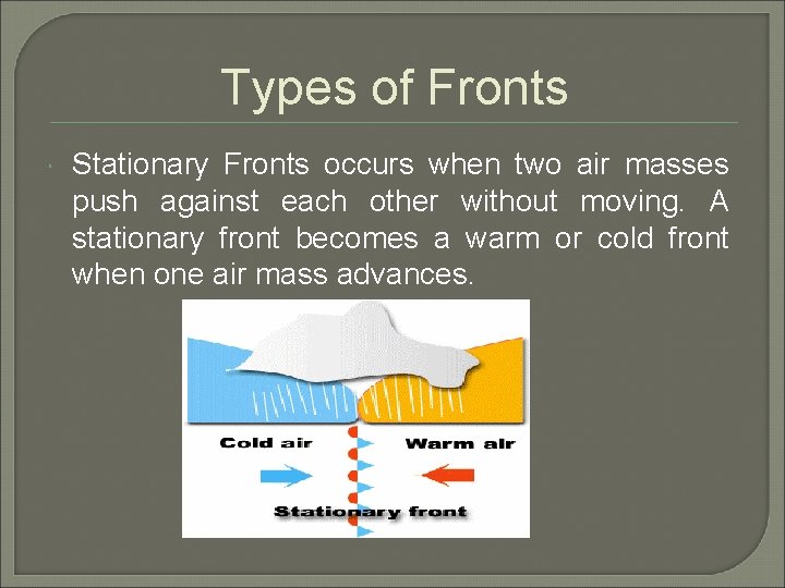 Types of Fronts Stationary Fronts occurs when two air masses push against each other